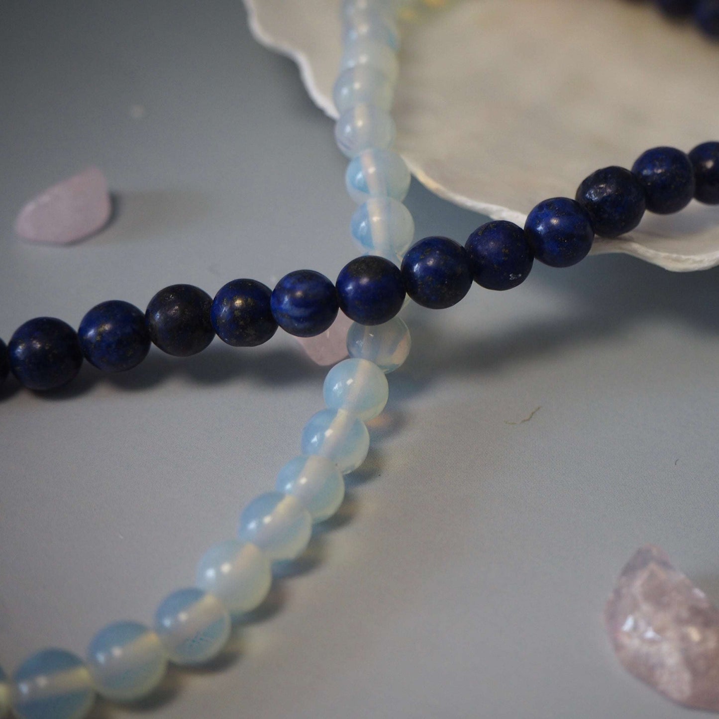 lapiz lazuli and moonstone double wrap beaded bracelet in a shell