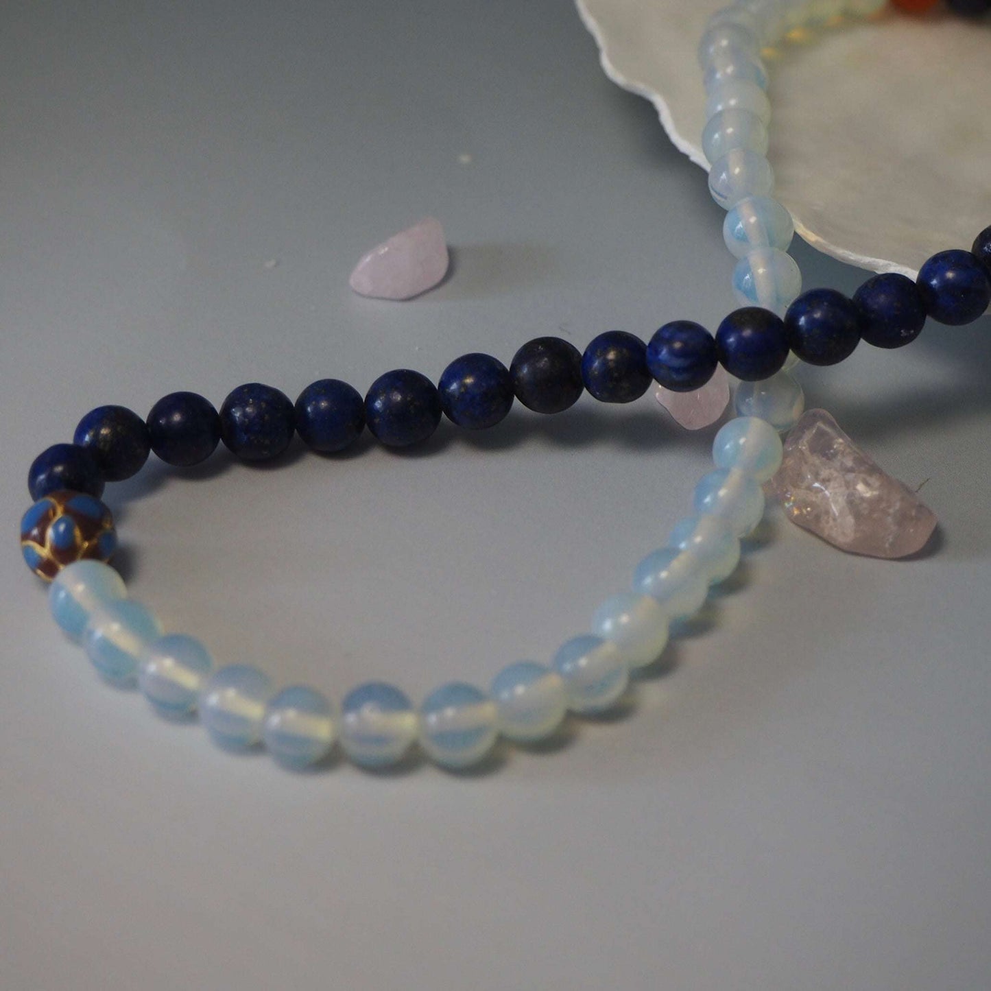 lapiz lazuli and moonstone crystal healing beaded bracelet