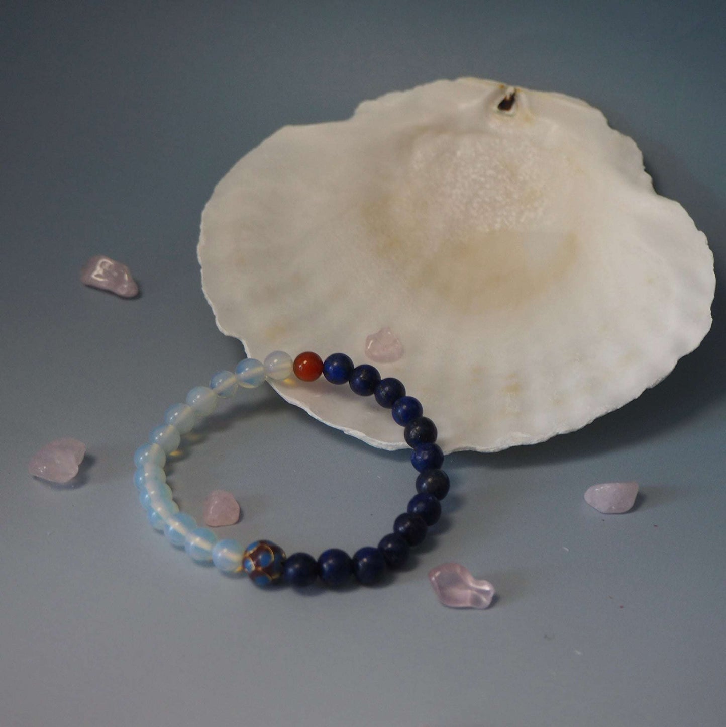 lapiz lazuli and moonstone single wrap beaded bracelet and shell