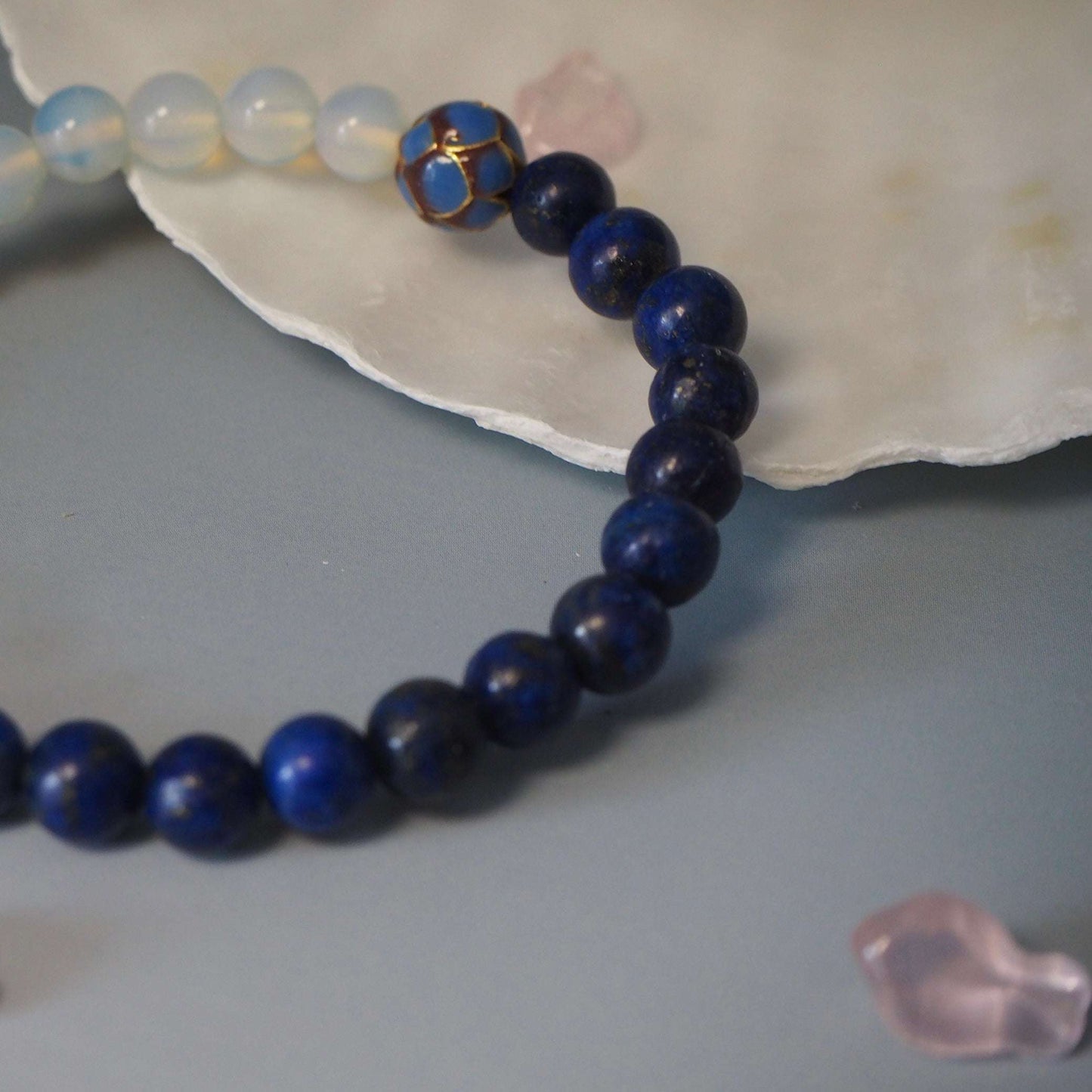 lapiz lazuli and moonstone single wrap chinese style beaded bracelet