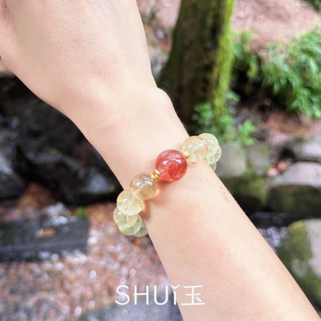 シトリン パワーストーン ブレスレット 天然石 レッドヘマトイド 黄水晶 11月誕生石 大玉 19.5mm ギフトBOX付 ハンドメイド オリジナルデザイン 一点もの